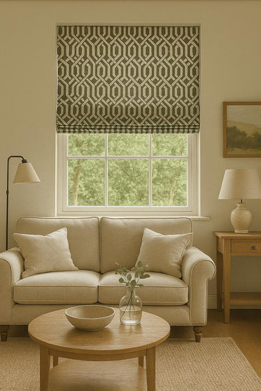 Room with custom blind in green geometric print – tailored look for modern interiors